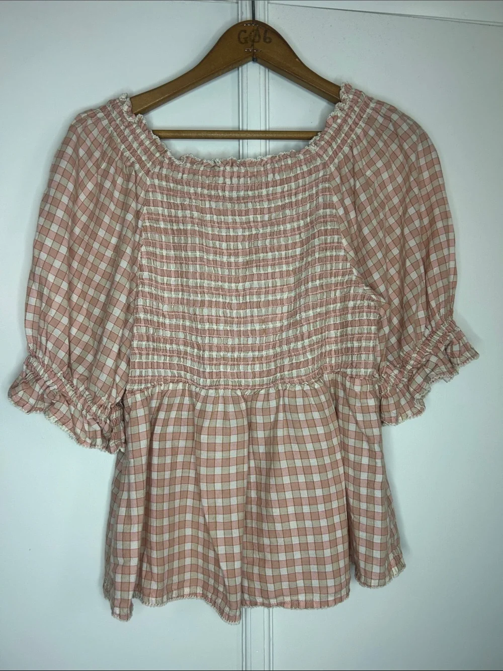 Pink & Cream Gingham Peasant Top